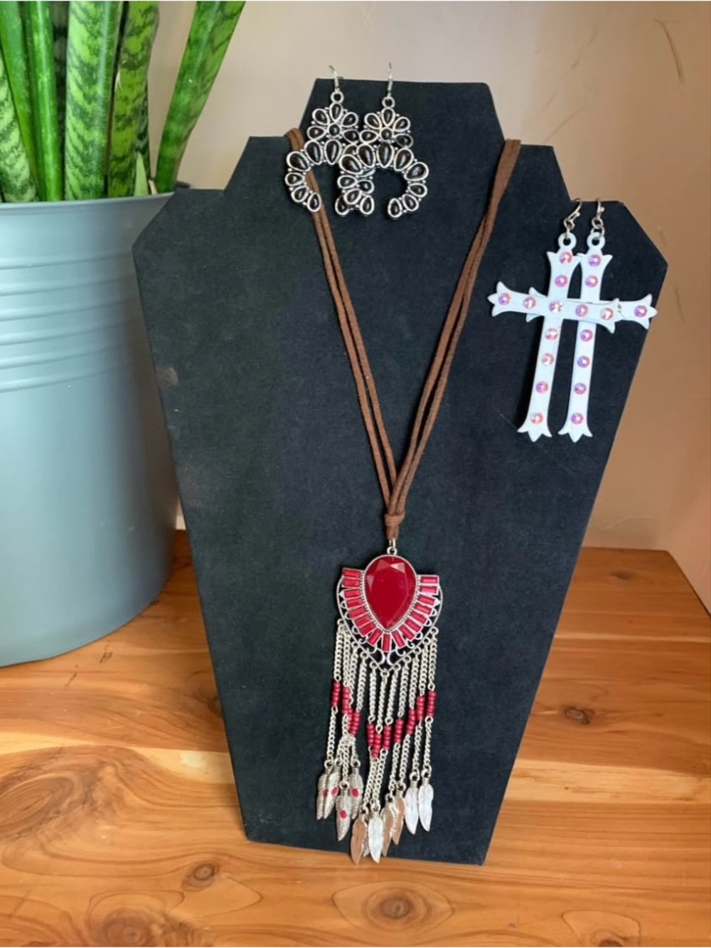 Boho Red Fringe Pendant Necklace with Brown Cord -